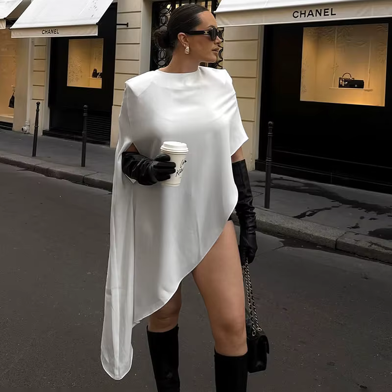 T-shirts en satin asymétriques à manches longues pour femmes, hauts tendance à col rond et taille ci