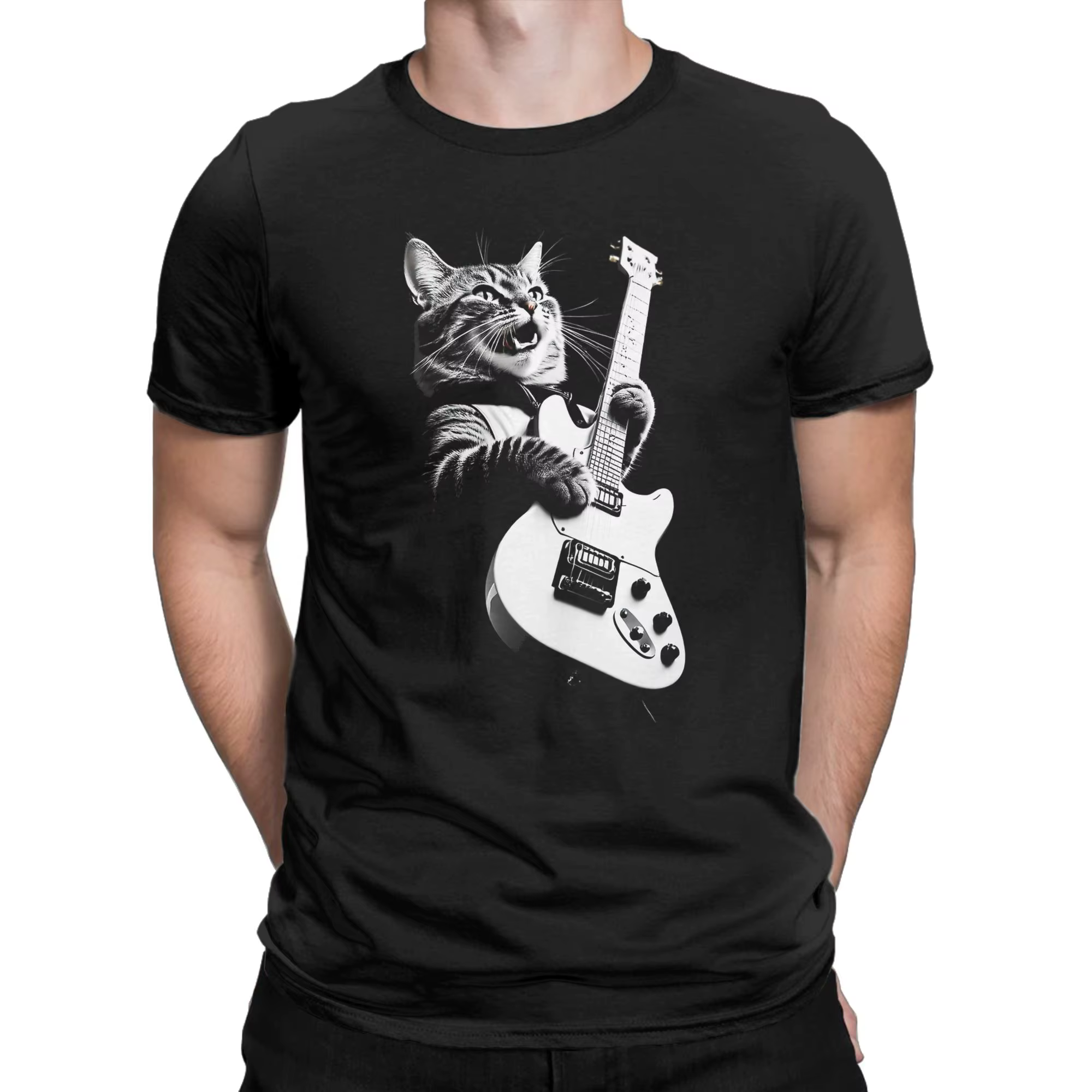 T-shirts pour hommes, motif chat et guitare, 100% coton, manches courtes, col rond, imprimé