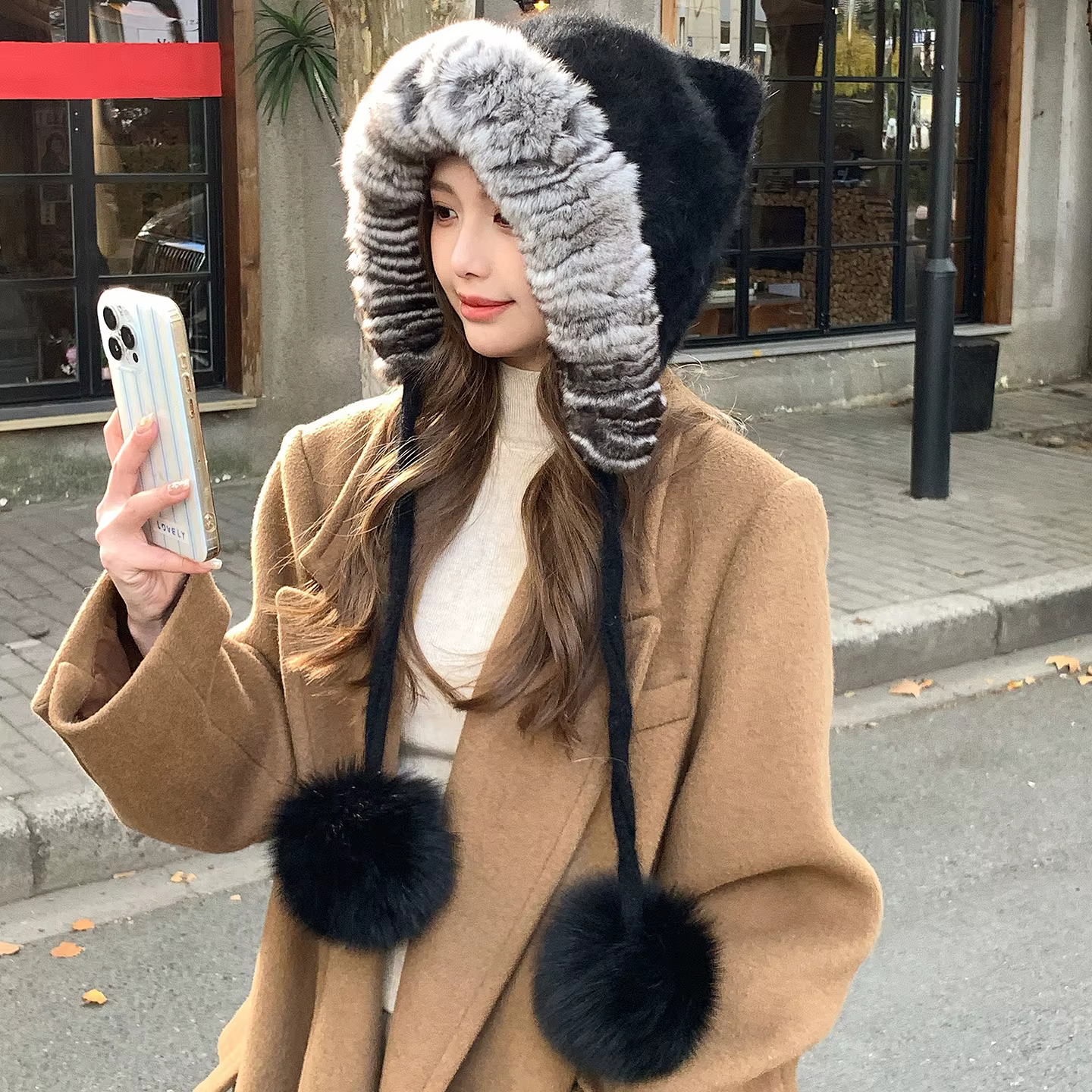Chinchilla couleur véritable Rex fourrure de lapin Bomber casquette avec pompon de renard épais tric