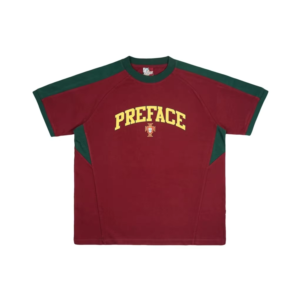 T-shirt Maillot de Foot Portugal N°7 Rouge Vert Color Block Manches Raglan Lettres Oversize Coton Vi