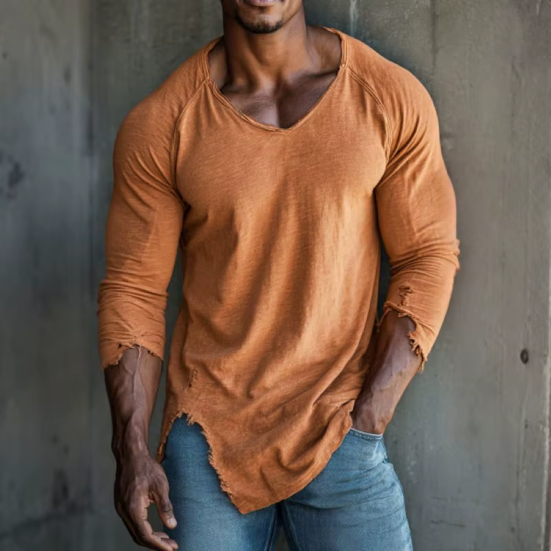 T-shirt de sport pour homme à col en V, vêtements d'entraînement fitness, style déchiré et vieilli t