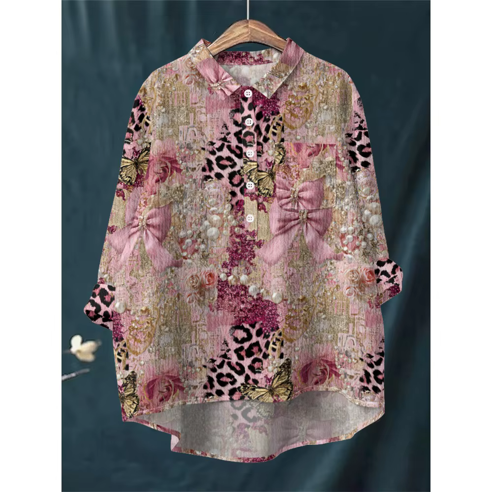 Chemise à imprimé Floral bleu blanc pour femmes, chemisier à manches longues, demi-boutonné avec our