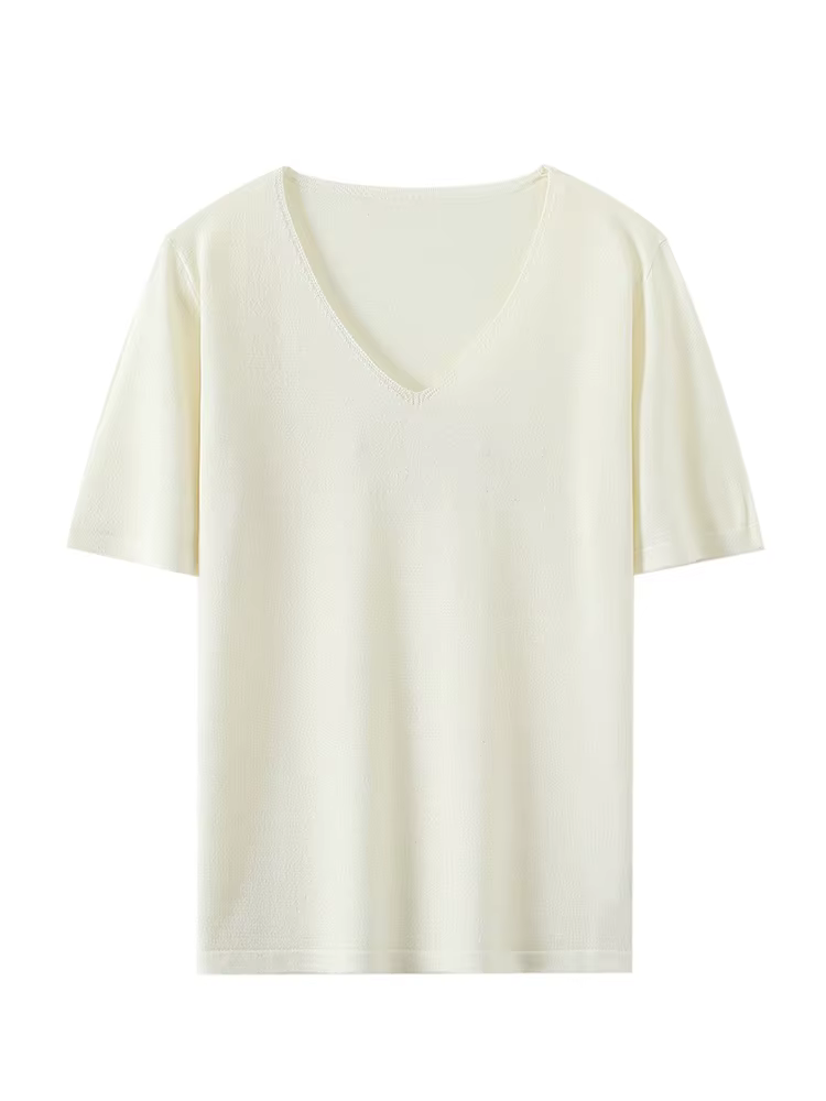 T-shirt en soie et laine tricoté pour femme, col en V, fin et lisse, style basique soyeux, col rond,