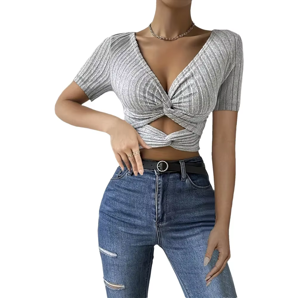T-shirt pour femme, printemps-été, gris chiné, tricot côtelé, torsadé devant, col en V profond, crop