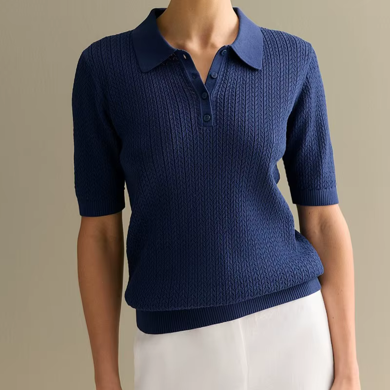 Manches courtes tricoté t-shirt femme été décontracté revers ample solide Ins hauts chauds pull femm