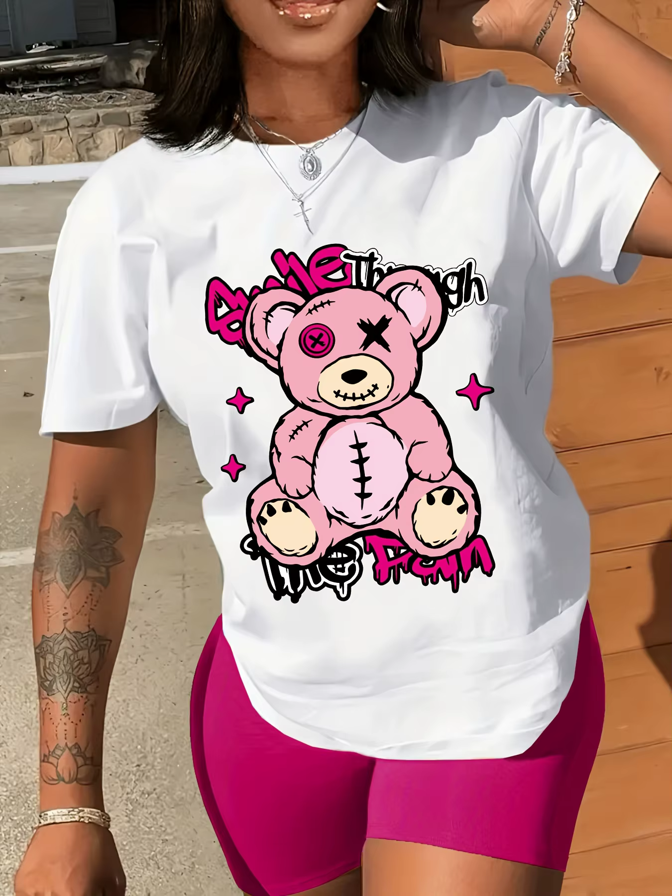 T-shirt à col rond imprimé ours, T-shirt décontracté à manches courtes pour le printemps et l'été, v