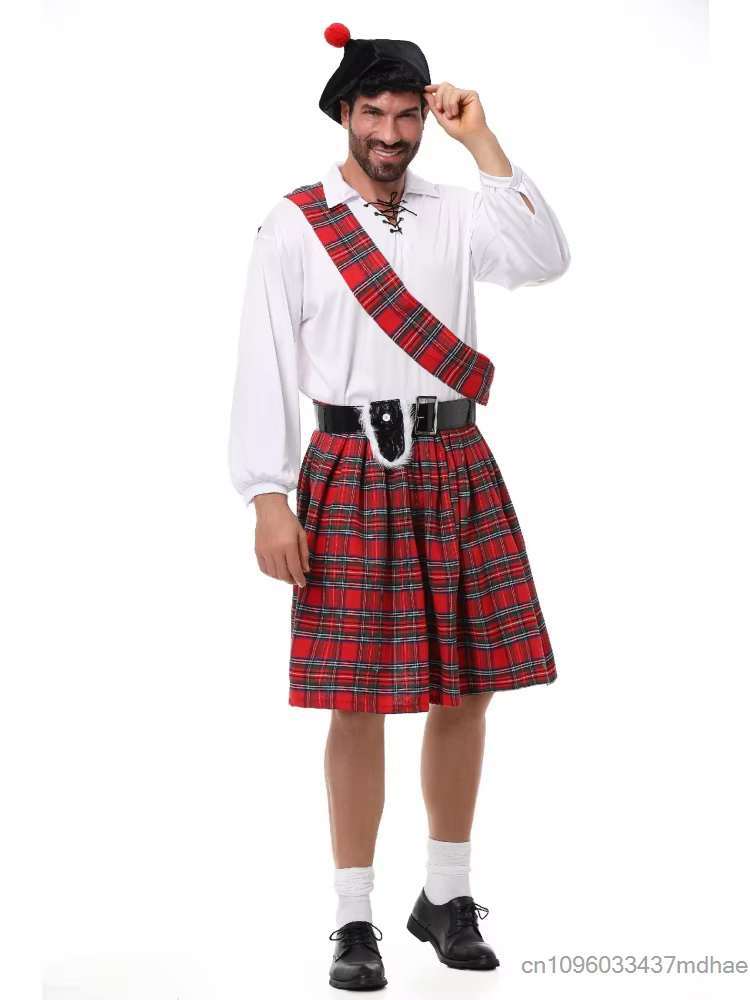 Ensemble de costume écossais pour homme, jupe traditionnelle, chemise blanche, chapeau, pour Hallowe
