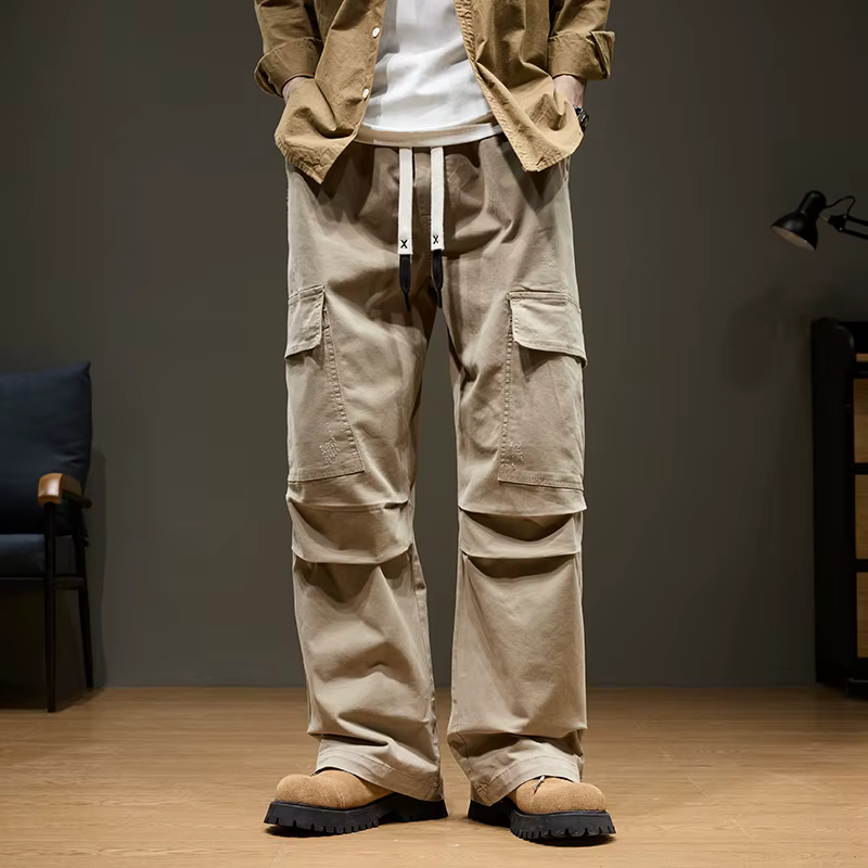 Baggy pantalon Cargo à jambes larges homme 100% coton multi-poches épissage extérieur ample droit au