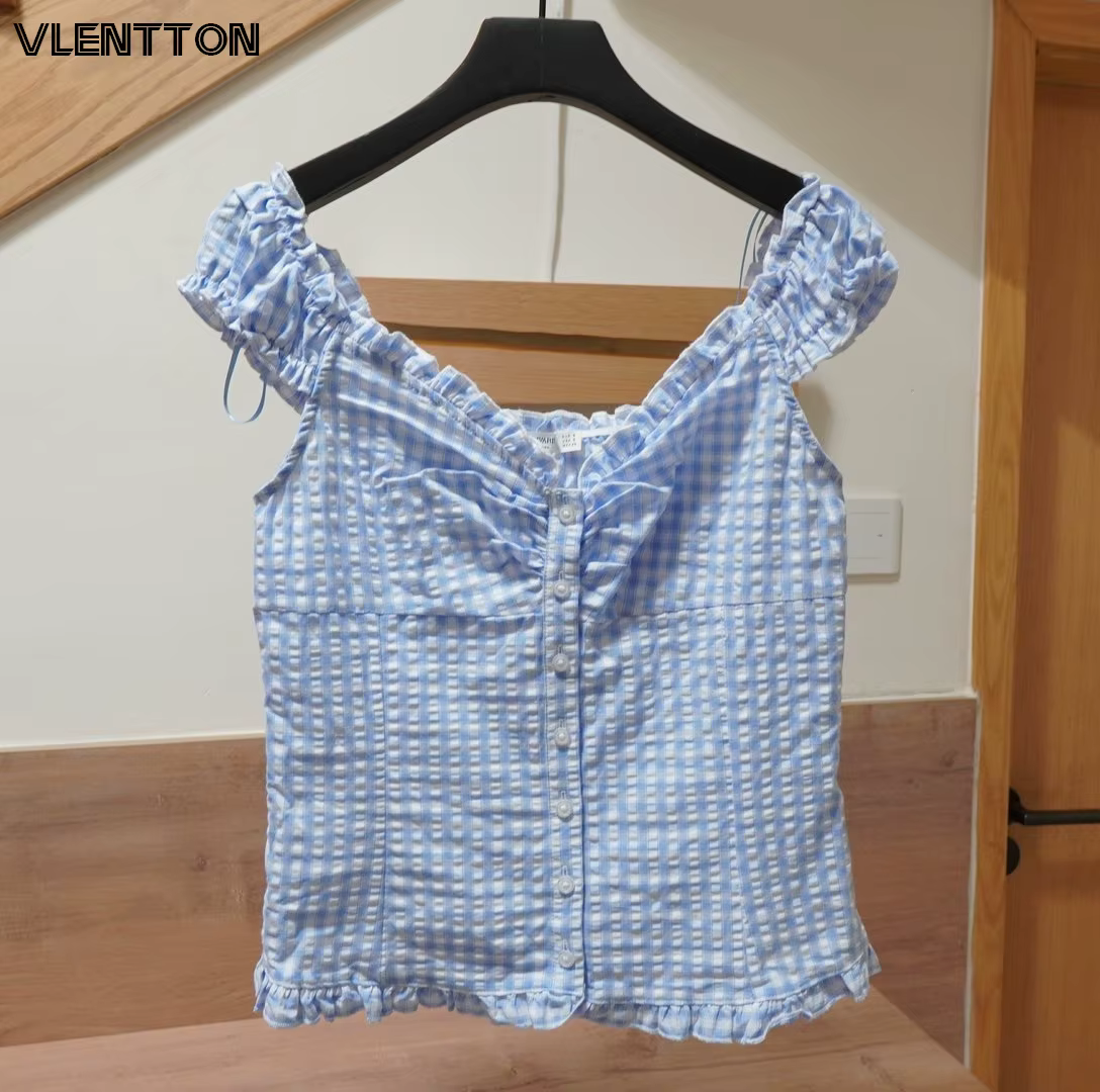 Chemisier court boutonné à col carré en gingham bleu pour femme, avec volants, manches courtes, styl