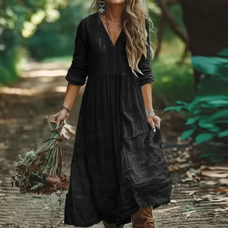 Robes pour femmes 2026 : Nouvelles robes longues plissées en coton et lin, couleur unie, col en V, t