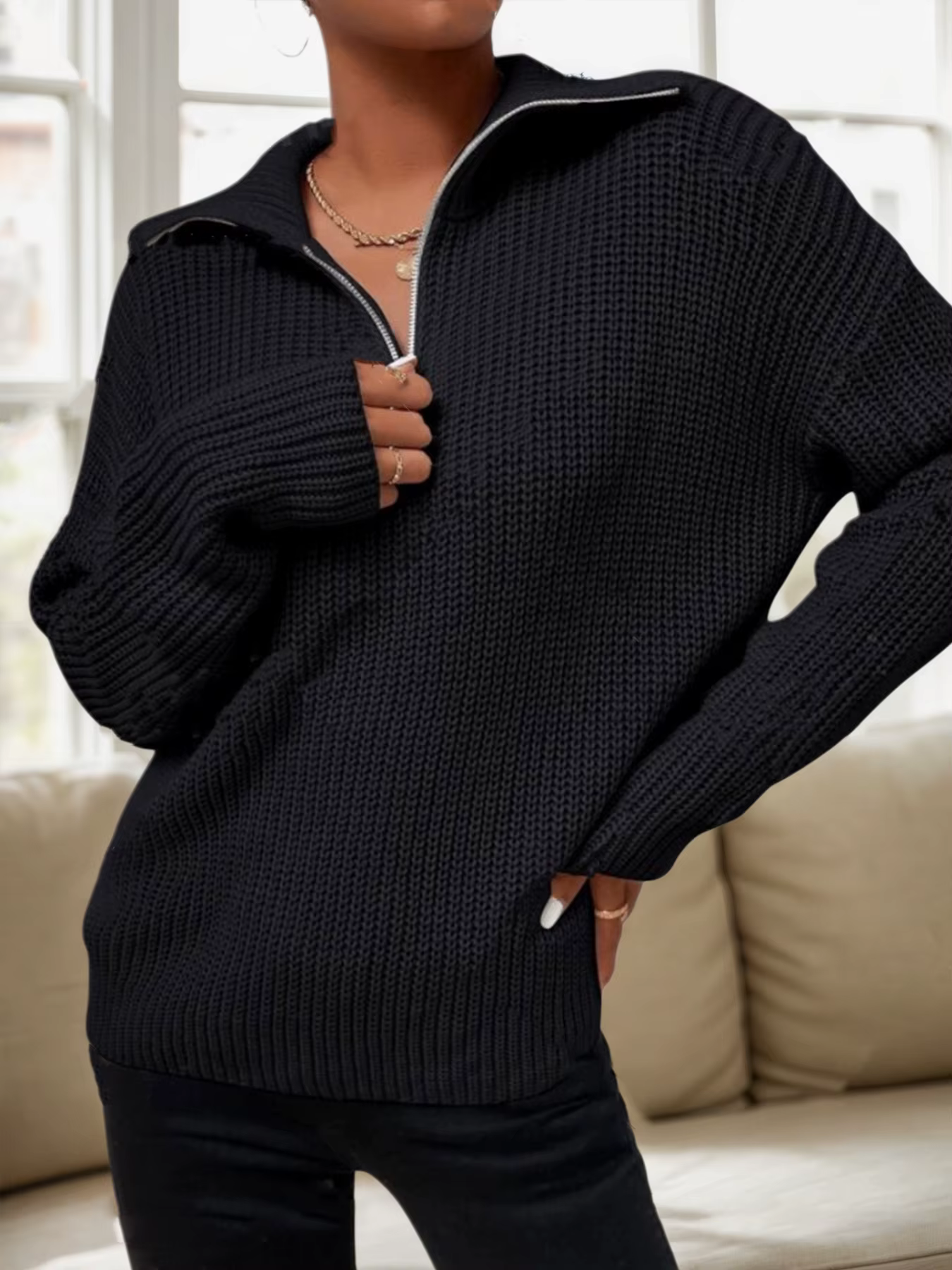 Pull à manches longues et col roulé pour femme, couleur unie, fermeture éclair, revers, mode automne