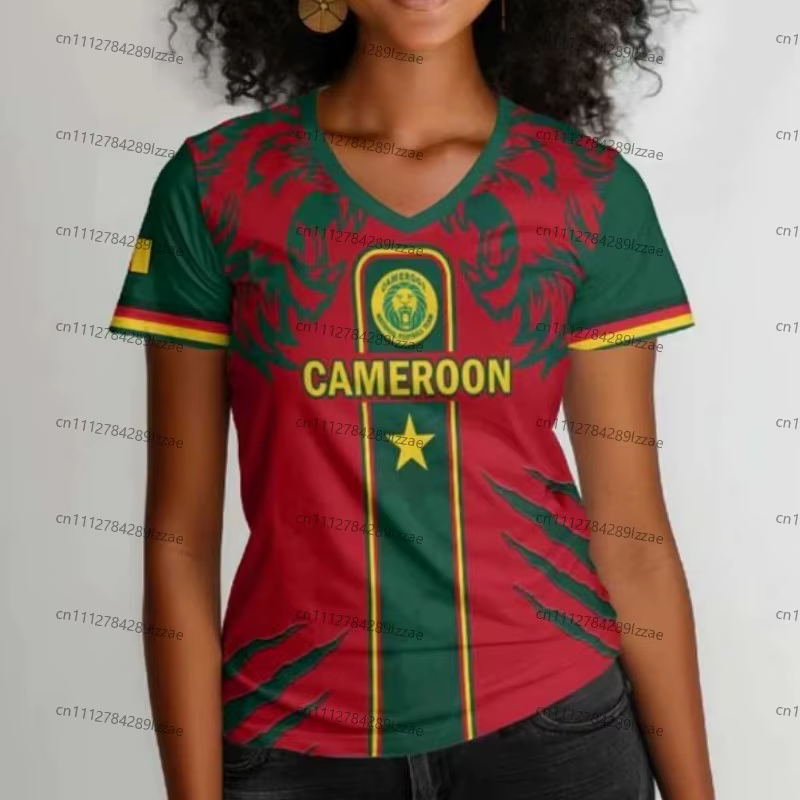 T-shirt de football style fan du Cameroun vert, rouge, jaune – Maillot de sport pour supporter, moti