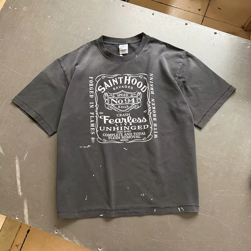 Vintage lavé noir Streetwear Saint capuche T-Shirt hommes femmes surdimensionné ange crâne amour imp