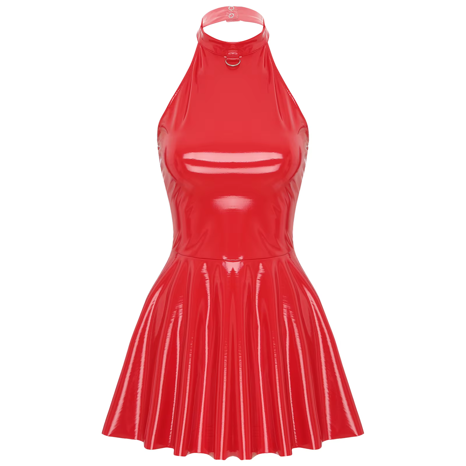 Robe brillante en cuir verni pour femmes, Look mouillé, Clubwear, col licou, sans manches, Mini robe