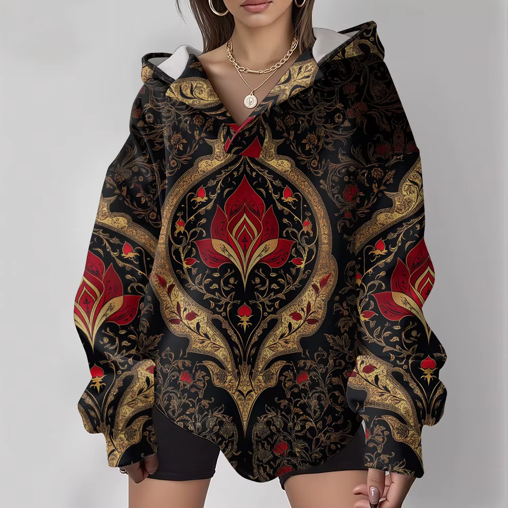 Sweat à capuche Boho maximaliste pour femme, rétro, coupe ample, col en v, avec luxueux totem floral