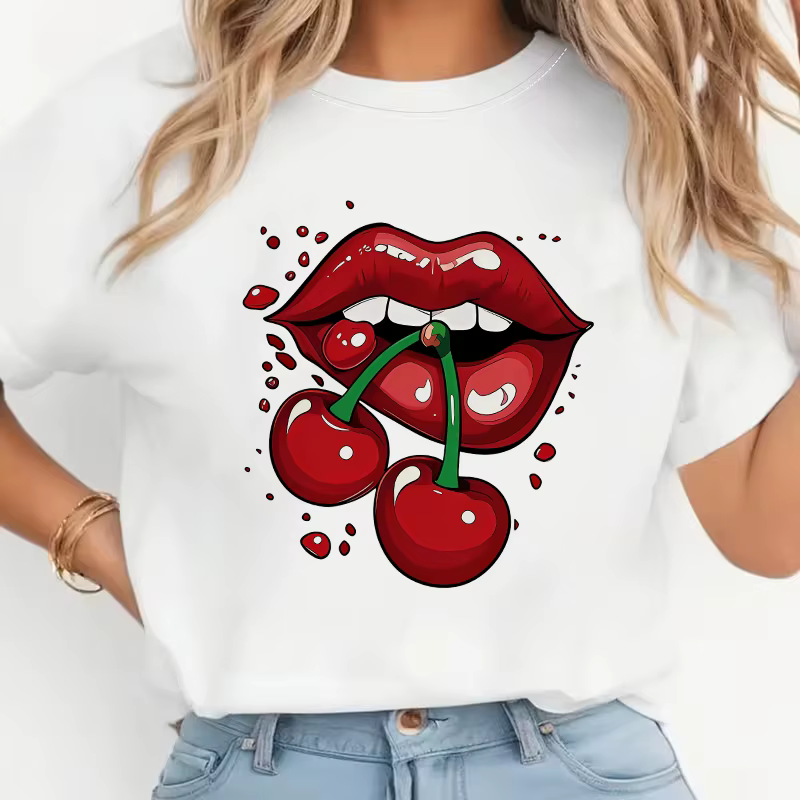 T-shirt tendance et créatif pour femmes, imprimé lèvres de cerise, style années 90 Y2K, col rond, ma