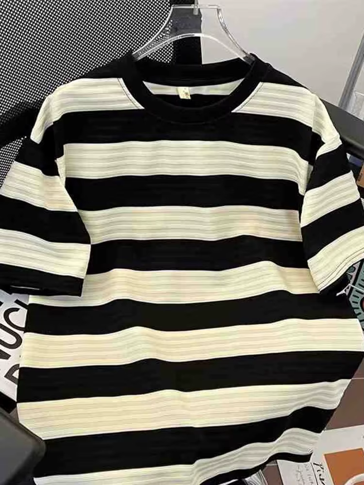 T-shirts rayés style preppy d'été pour hommes, mode streetwear, t-shirts à manches courtes en coton,