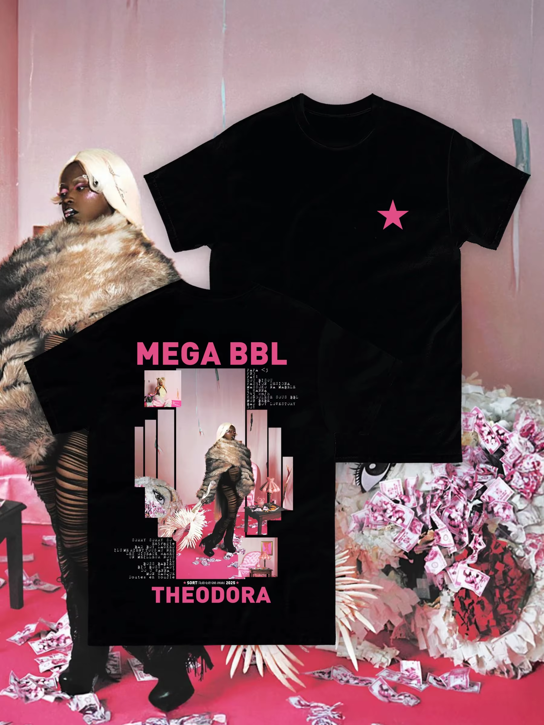 T-shirt graphique MEGA BBL de l'album de la chanteuse française Théodora, T-shirt de musique pop pou