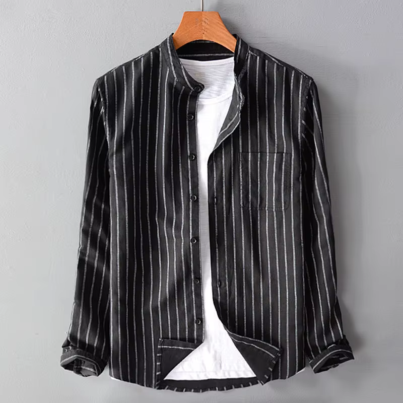 Chemises en coton et lin à rayures de style britannique pour hommes, manches longues, col montant, m