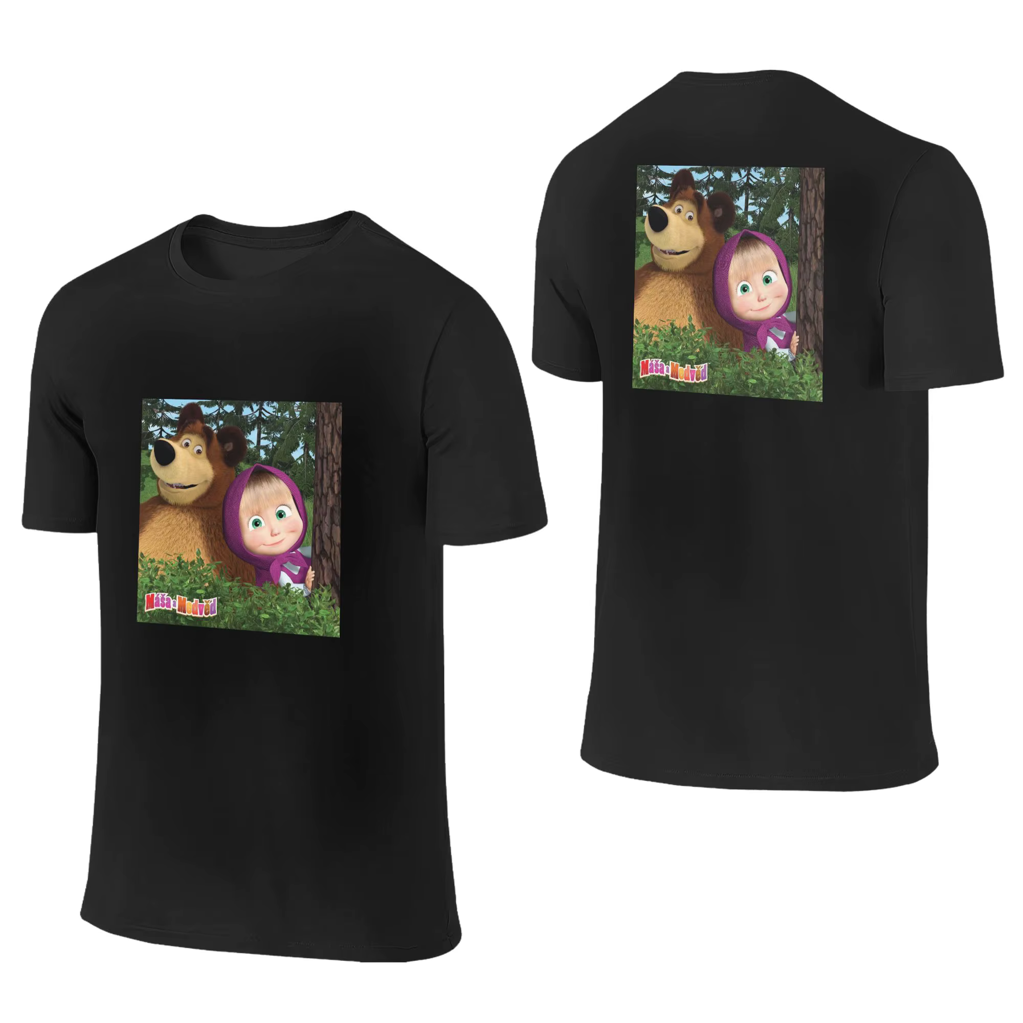 T-shirt 100% coton pour hommes, motif dessin animé Masha et les ours, Double face, col ras du cou, c