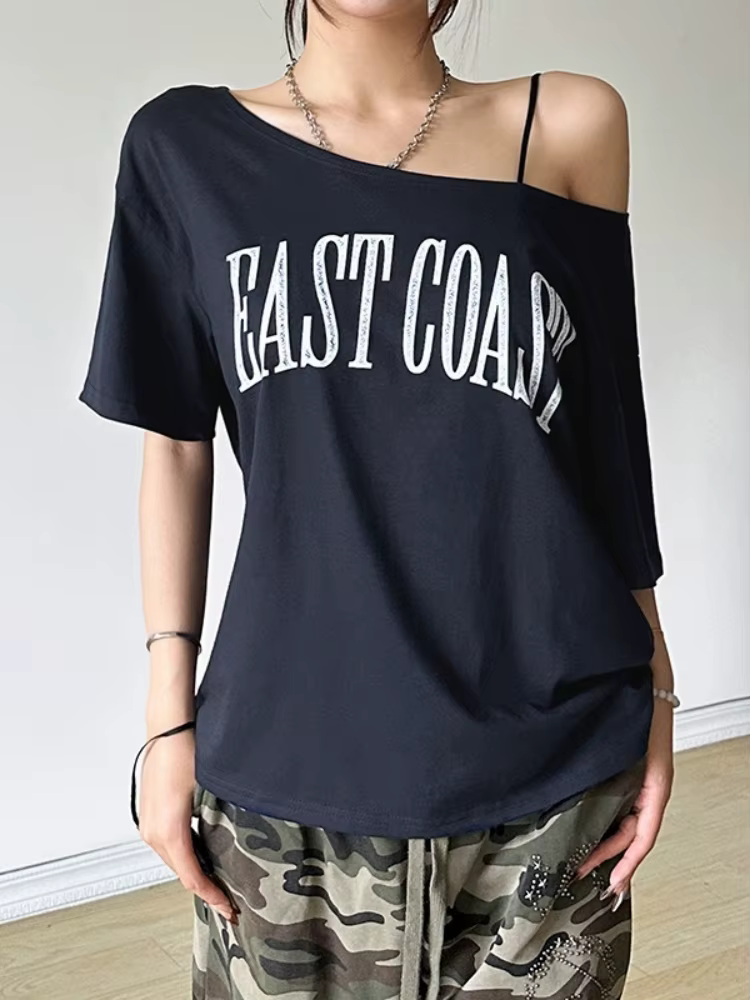 Lettres imprimer t-shirts pour femmes Streetwear encolure dégagée t-shirt à manches courtes Camiseta