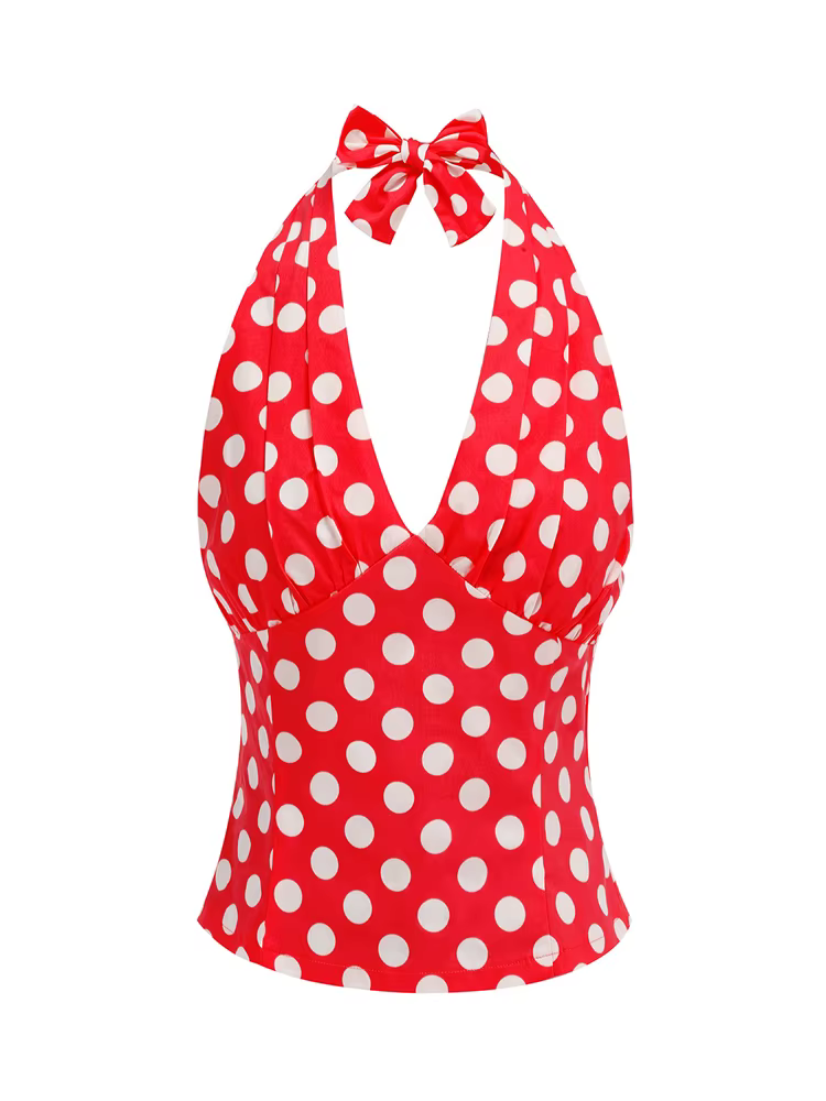 Tonval-Nuisette imprimée à pois pour femmes, vêtements vintage des années Y-50, col en V, dos nu sex