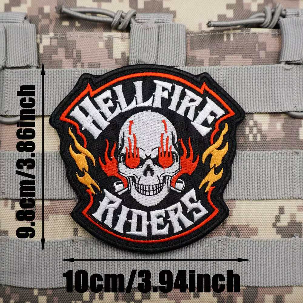 Patchs brodés tactiques militaires HELLFIRE RIDERS SKULL, brassard, badge pour sac à dos avec dos à 