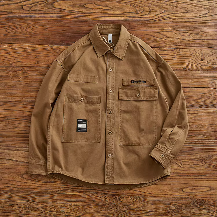 Chemise rapcargo à manches longues pour hommes, chemise rétro pour hommes, pur coton, manteau décont