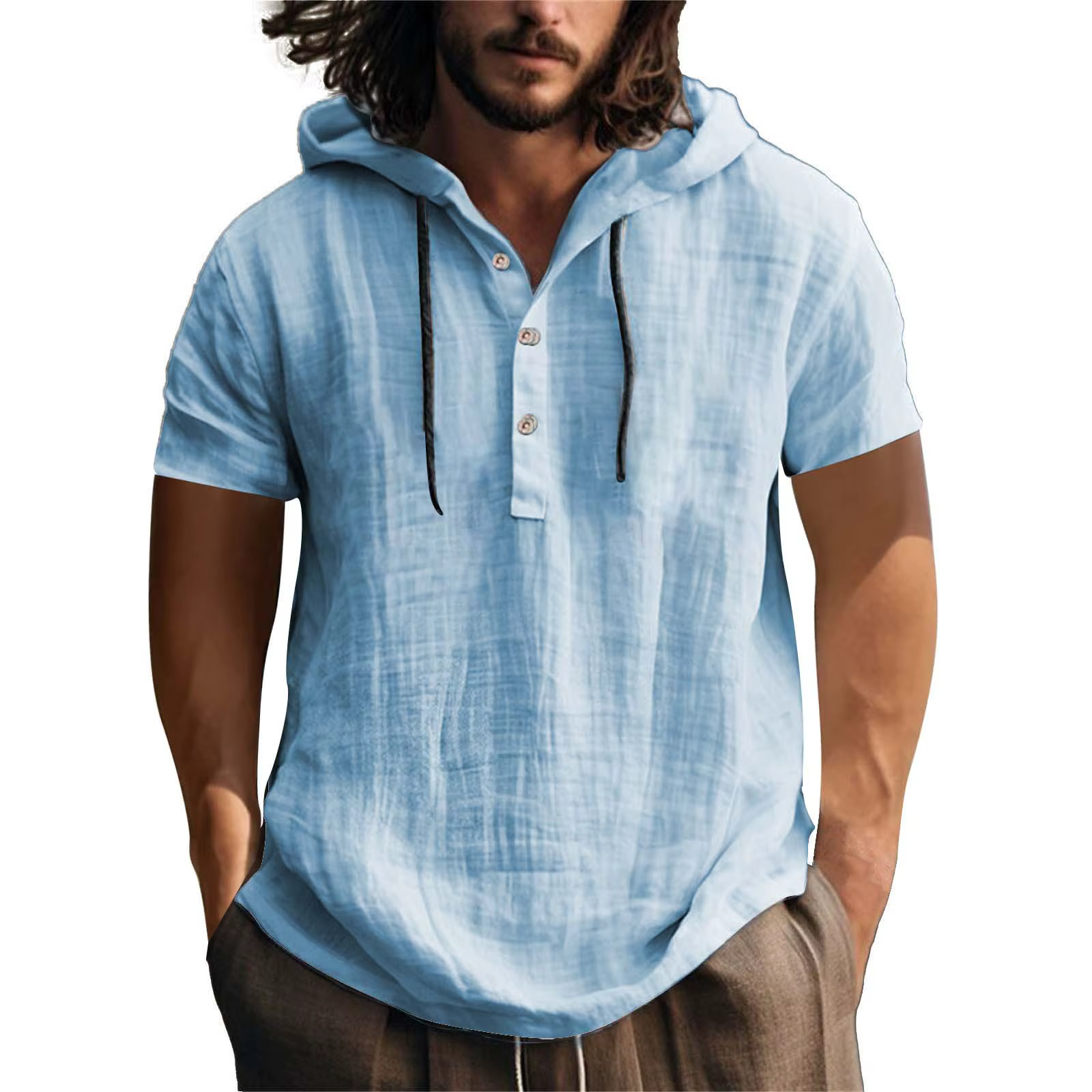 T-shirt à capuche décontracté à manches courtes, en coton et lin, chemisier pour hommes, vacances, é