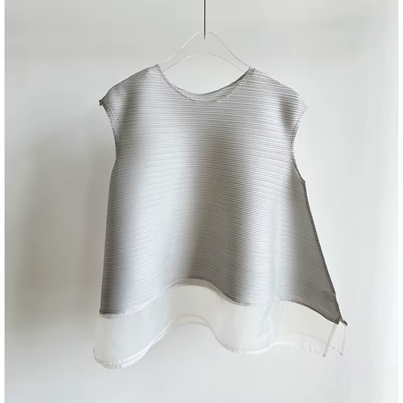 T-shirt plissé violet clair Miyake pour femme, double couche, col rond, sans manches, décontracté, p