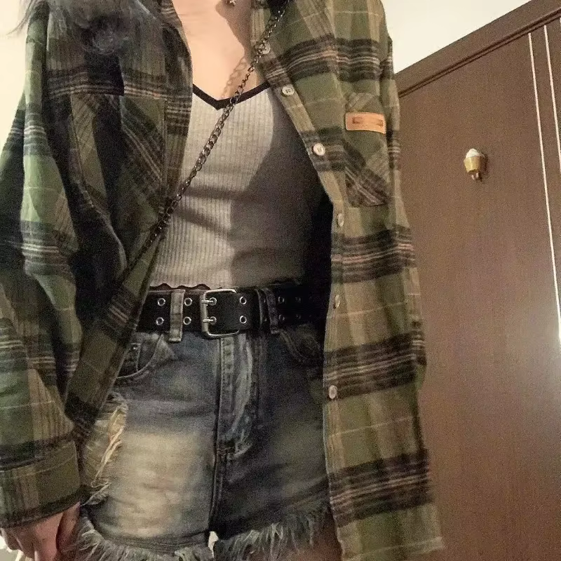 Chemise Tartan à manches longues pour femmes, col boutonné, surdimensionnée, à carreaux, veste Grung