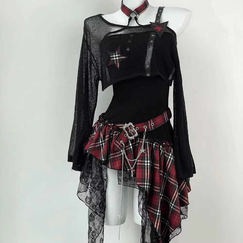 Ensemble deux pièces, Streetwear, Patchwork à carreaux, robe sans bretelles irrégulière + Y2k, haut 