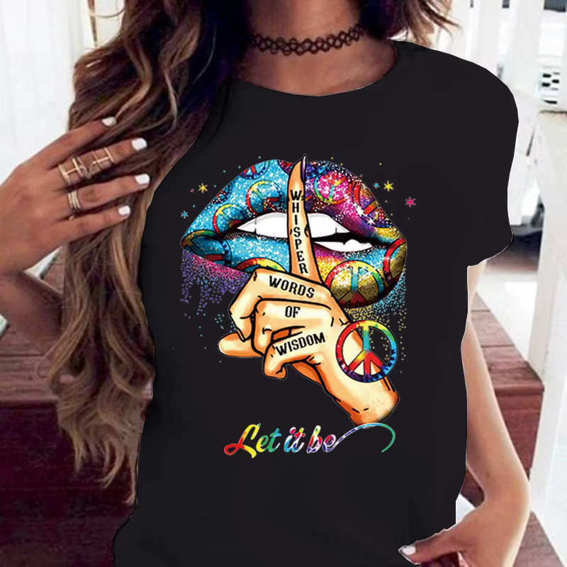 100% coton ample col rond bouche créative à manches courtes T-shirt femme surdimensionné T-shirt hau