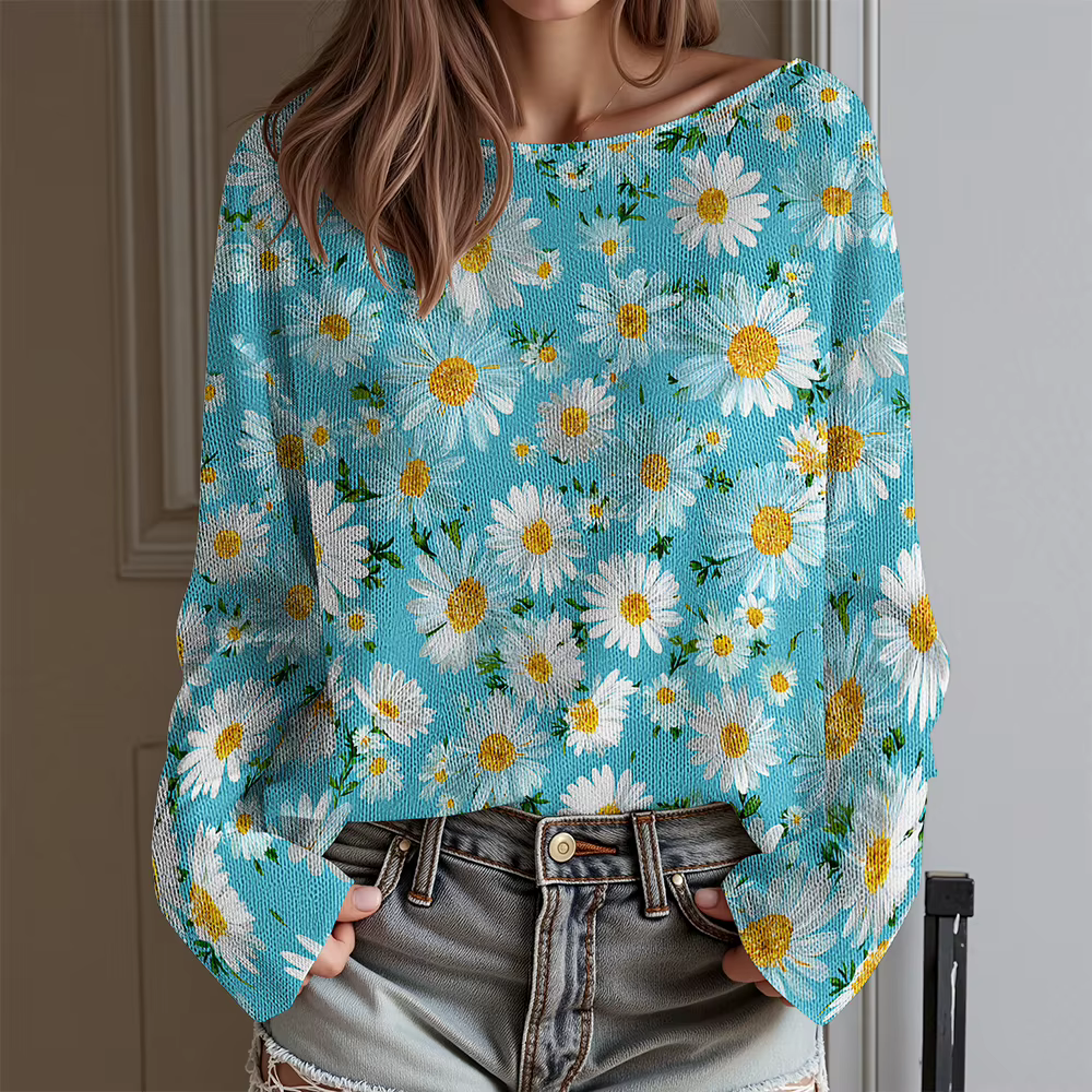 T-shirt à manches longues et col bateau pour femmes, imprimé Floral Vintage, Design rétro fleuri, ha