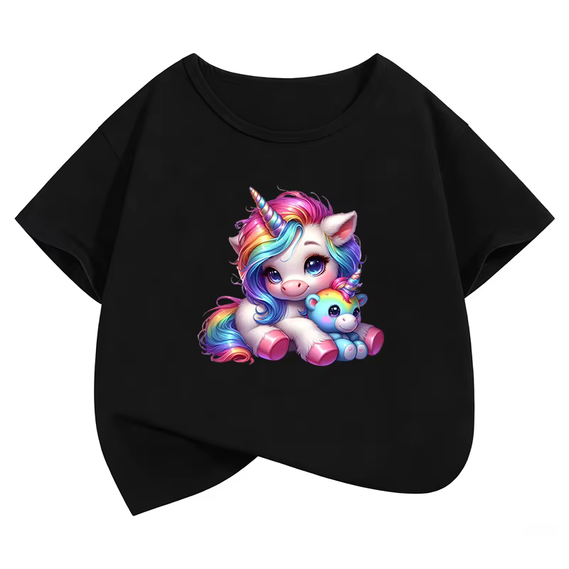 T-shirt imprimé avec motif de cheval licorne amusant, t-shirt d'été pour filles, hauts à manches cou