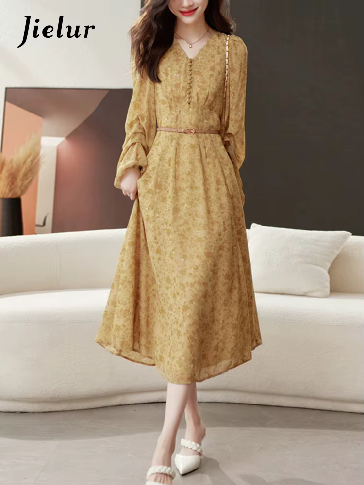 Jielur-Robe en mousseline de soie florale vintage pour femmes, robe femme, taille haute, col en V si