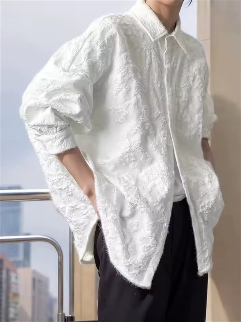 Chemise Jacquard froissée blanche 3XL pour hommes, ample, mode, solide, décontractée, col rabattu, n