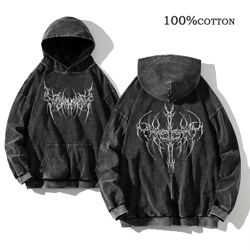 Sweat à capuche pour homme, style gothique, imprimé épines, délavé, coupe ample, 100% coton, style v