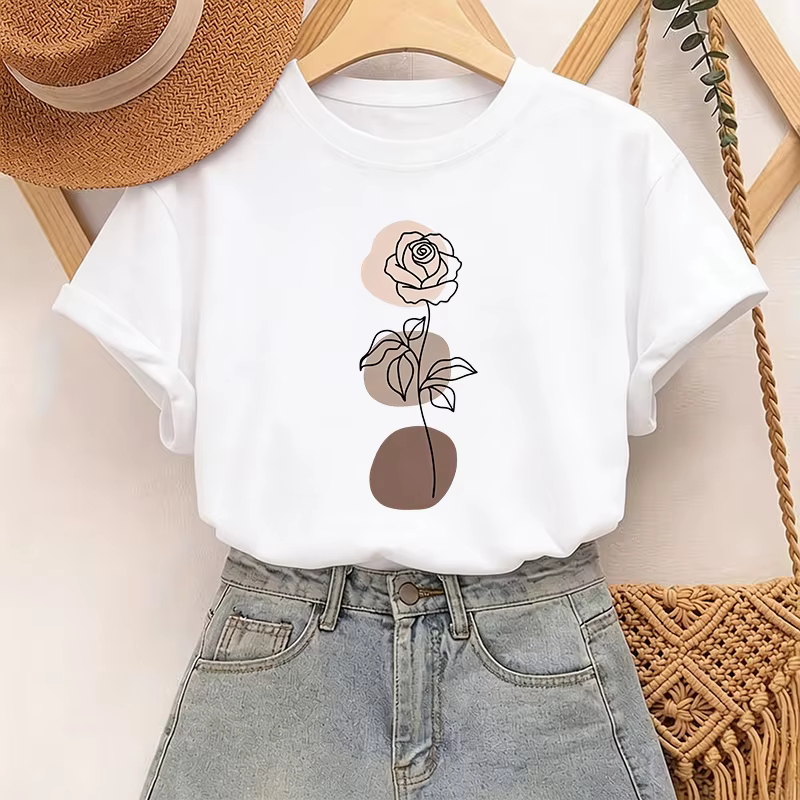 T-shirt à col rond pour femme avec motif floral minimaliste et imprimé de roses beiges et brunes, t-