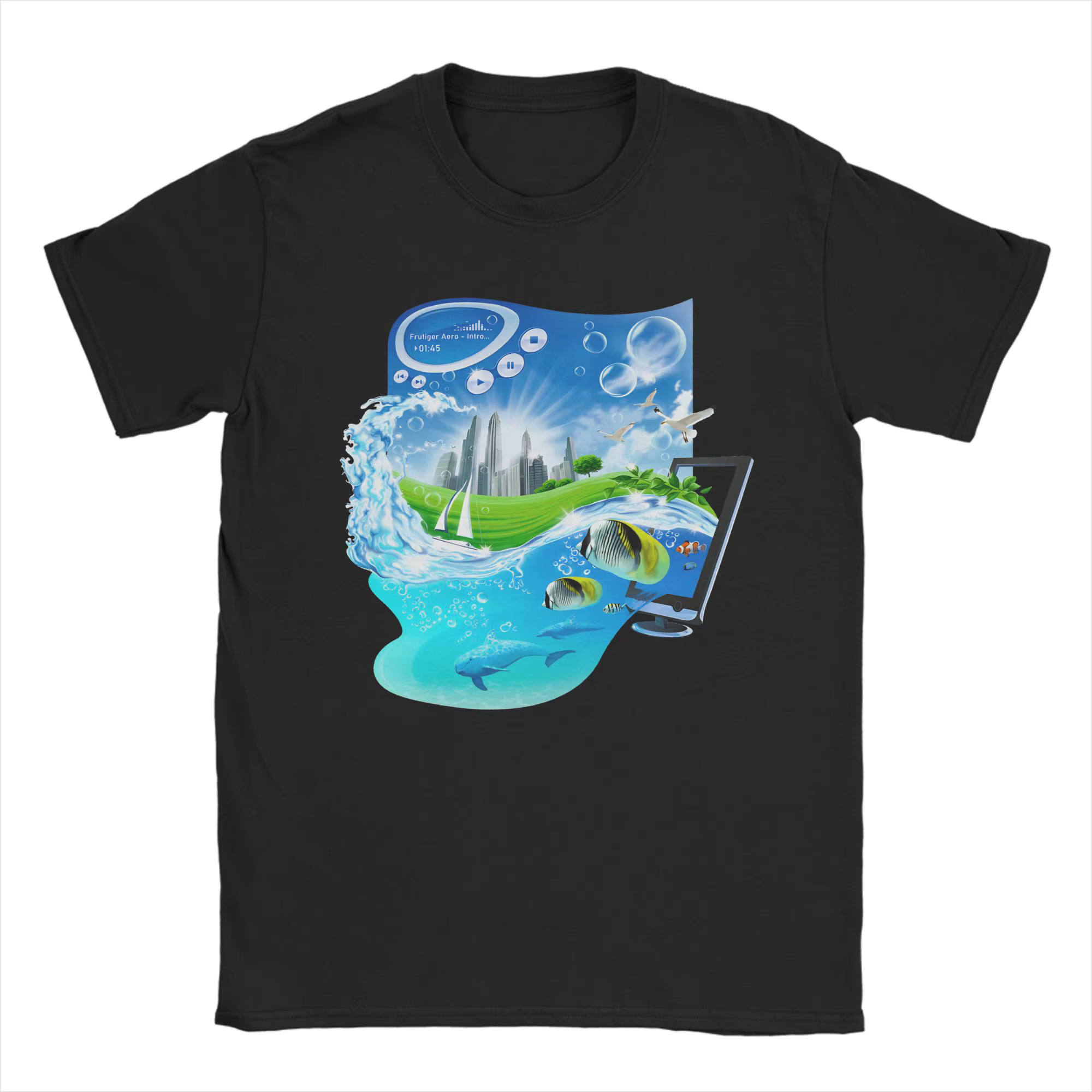 Frutiger Aero World Vaporwave T-Shirt pour hommes, T-Shirt amusant en coton, col ras du cou, manches
