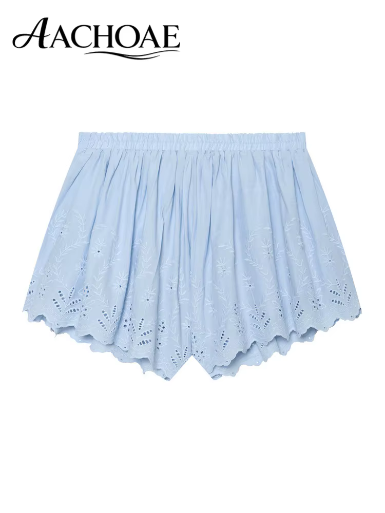AACHOAE Short en coton brodé à œillets pour femme, taille haute, taille élastique, ourlet festonné, 