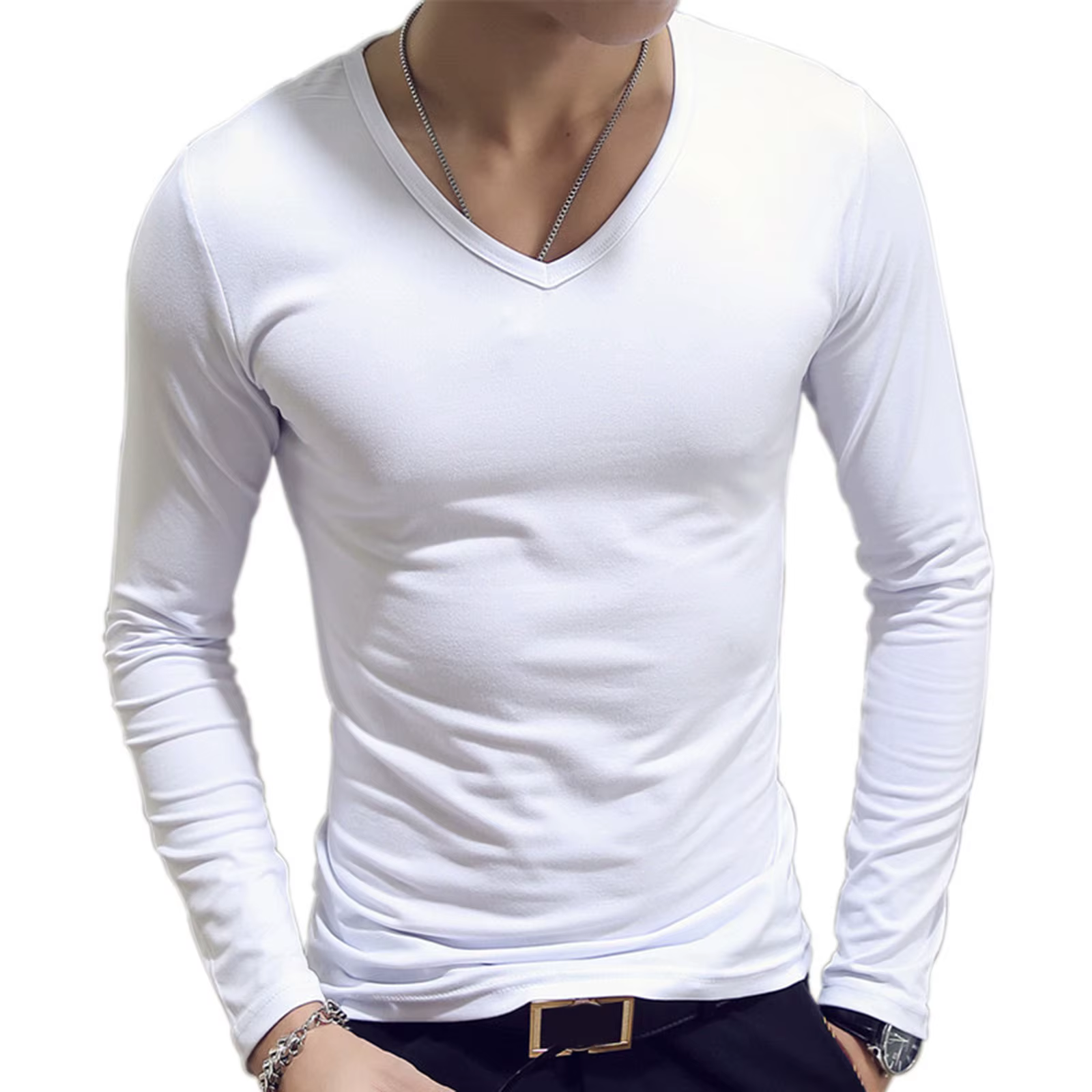 T-shirt Slim Fit à col en V pour hommes, manches longues, style classique simple, maillot de corps d
