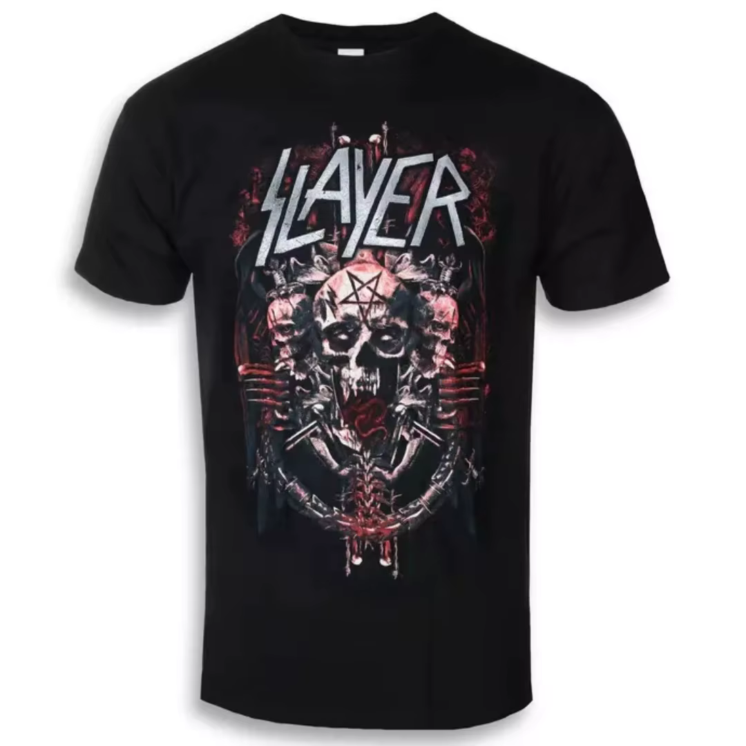 T-shirt en coton avec impression inspirante Slayer - Hell Awaits Tour, style streetwear décontracté,