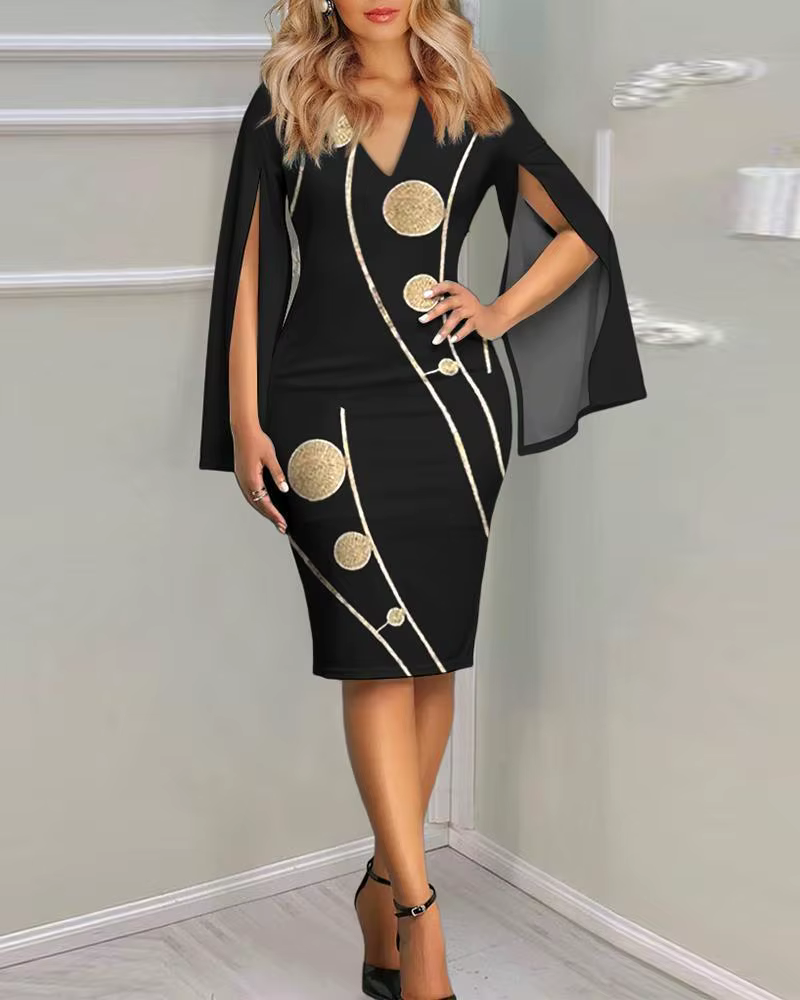 Robe midi pour femme à col en V avec manches cape et imprimé cercles dorés, coupe moulante, tenue de