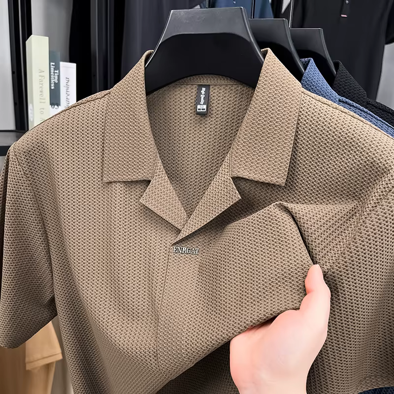Chemise Polo Homme à Col Cubain Manches Courtes en Tissu Texturé Ananas Respirant Extensible pour l'