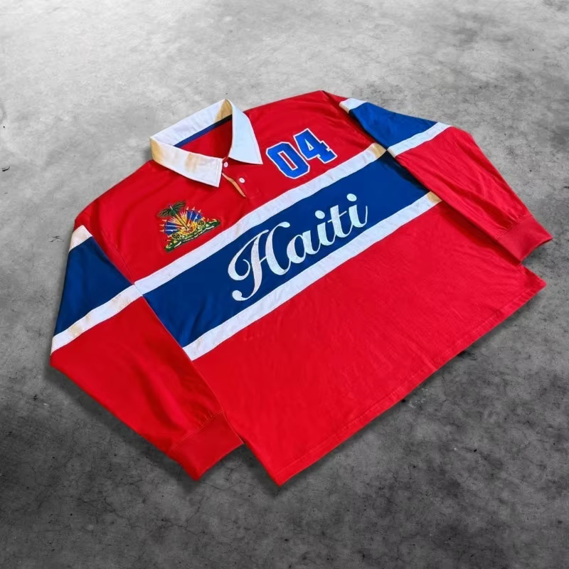 Polo pour homme à manches longues, style rugby, color block rouge, bleu, blanc, Harajuku, unisexe, d