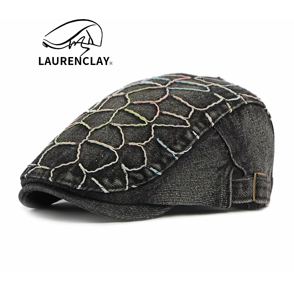 Casquette rétro britannique en denim délavé, casquette unisexe brodée à visière, béret style doux et