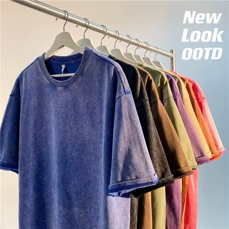 Style américain rétro lourd couleur unie à manches courtes T-shirt hommes femmes été rue à la mode l