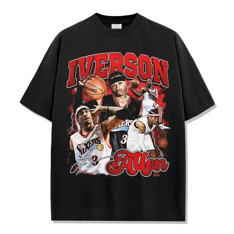T-shirt vintage à col rond surdimensionné en coton délavé avec graphique de l'icône du basketball Al