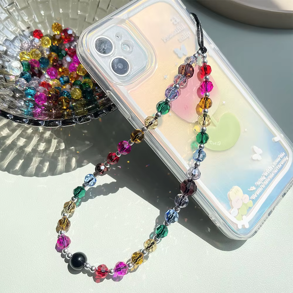JOfor-Lanière de Téléphone Portable en Perles de Clip à Facettes Arc-en-Ciel, Breloque Colorée, Fabr